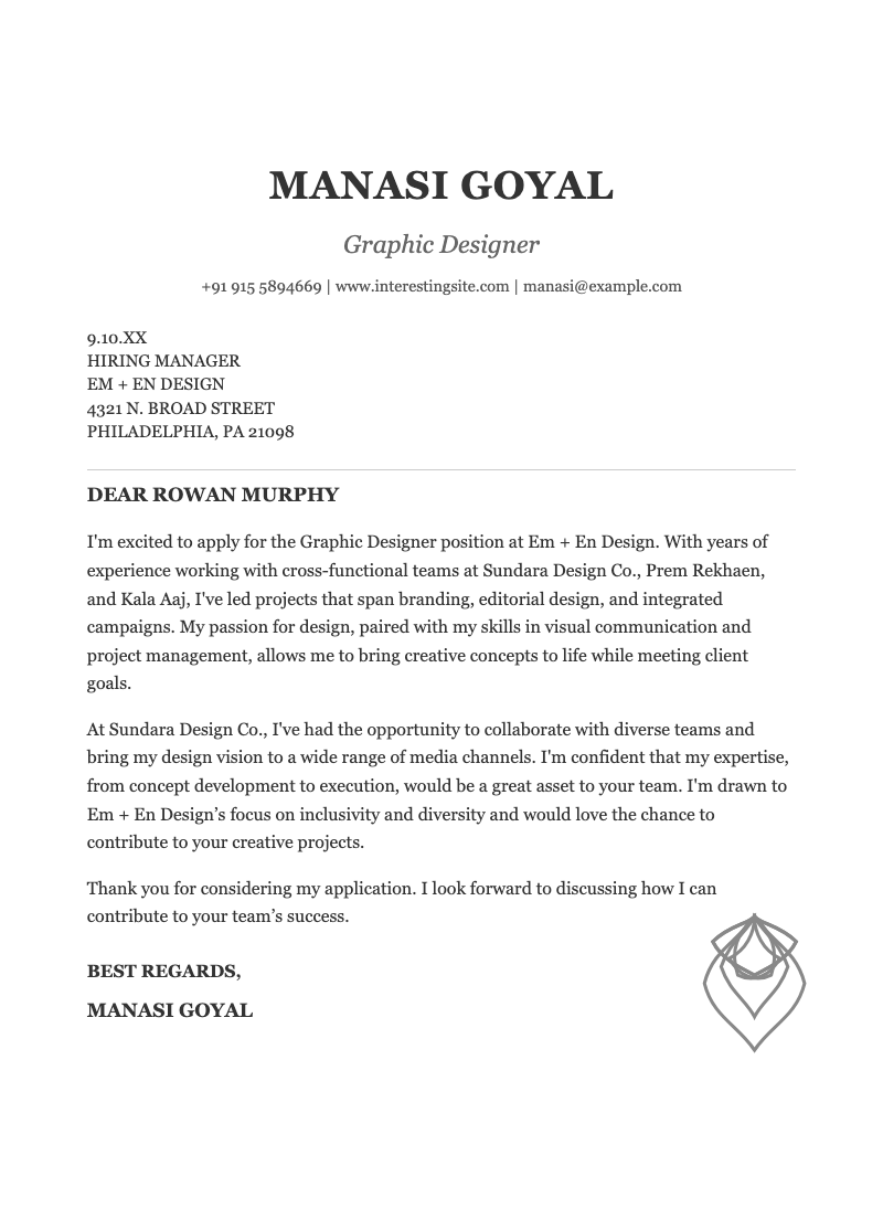 Elegant graphic design cover letter - A polished graphic designer cover letter template with elegant serif typography and artistic SVG ornament for job applications